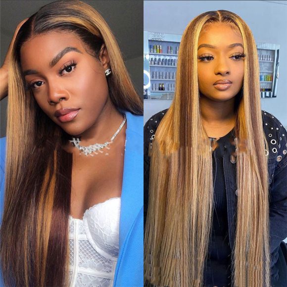 Colored Medium Length Straight Hair Brown-Gold Gradient Chemical Fiber Hair - Image 5