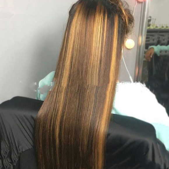 Colored Medium Length Straight Hair Brown-Gold Gradient Chemical Fiber Hair - Image 2