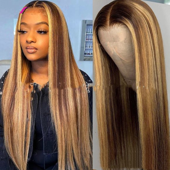 Colored Medium Length Straight Hair Brown-Gold Gradient Chemical Fiber Hair - Image 3