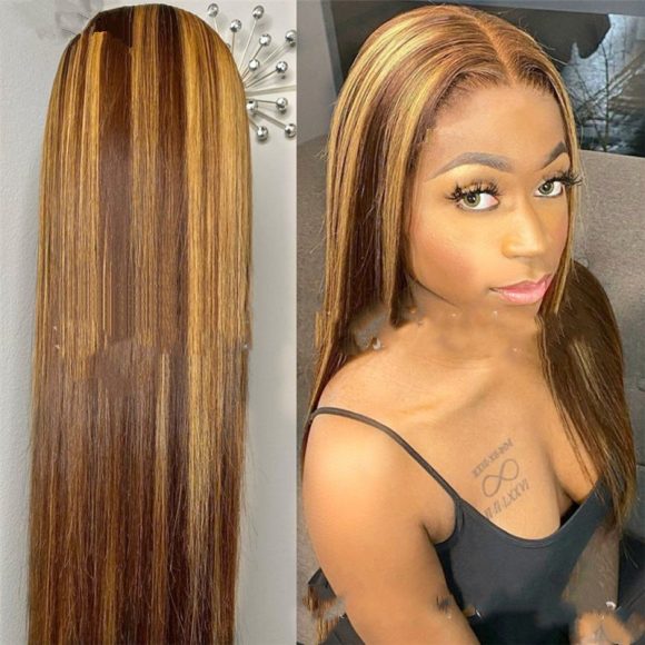 Colored Medium Length Straight Hair Brown-Gold Gradient Chemical Fiber Hair - Image 4