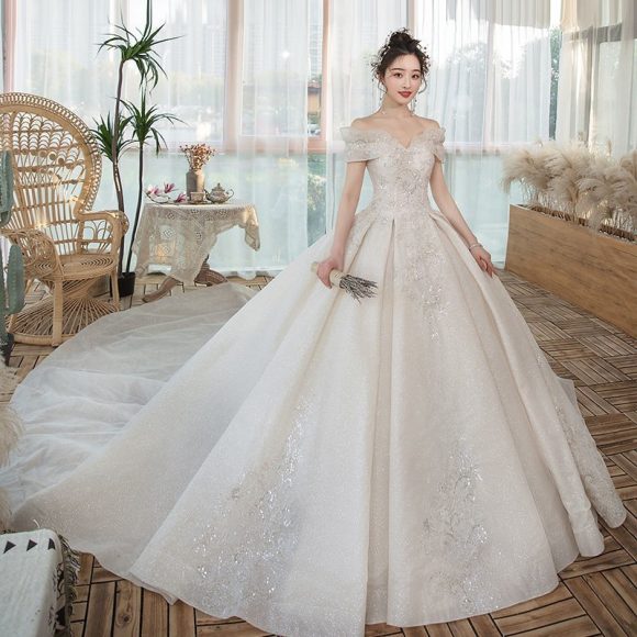 One-Shoulder Main Wedding Dress New Temperament Forest Super Fairy Dream Little Bride Han Trailing Starry Sky - Image 5