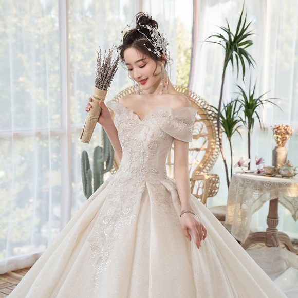 One-Shoulder Main Wedding Dress New Temperament Forest Super Fairy Dream Little Bride Han Trailing Starry Sky - Image 2