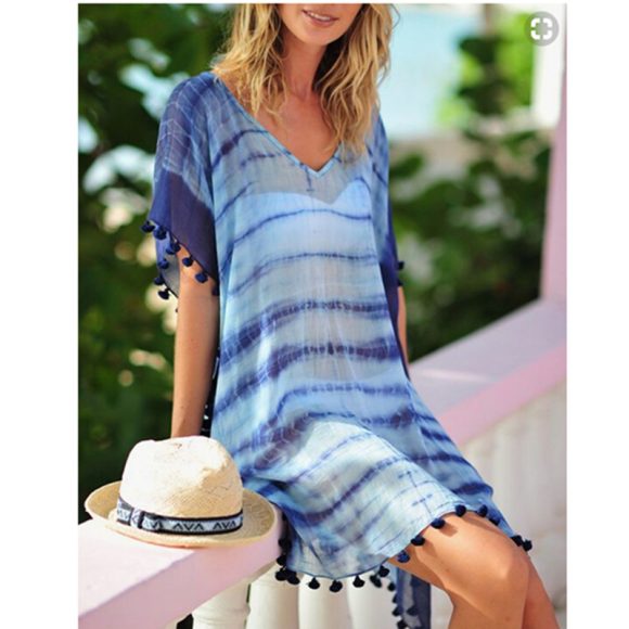 Chiffon Smudged Beach Blouse, Loose Plus Size Holiday Beach Skirt, Purple Ball Sun Protection Shirt - Image 5