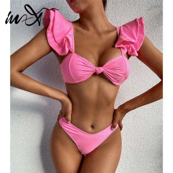 Personality Solid Color Ruffle Swimsuit Female Sexy Bikini New Swimwear 2 Piece Sets Womens Bikini Set Bathing Suit - Image 2