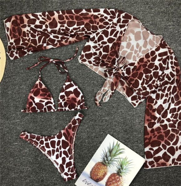 Long Sleeve Mesh Bikini Swimwear Women Three Pieces Leopard Swimsuit Female Summer Sexy Bathing Suit - Image 5