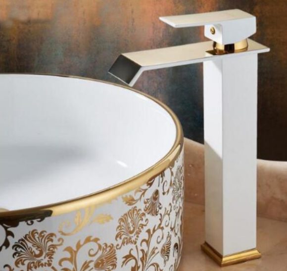 Basin Faucet All Copper Hot And Cold Water Waterfall Black And White Paint Golden Basin European-Style American Art Faucet - Image 2