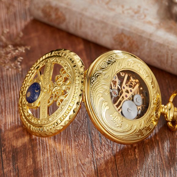 Golden Retro Hollow Pointer Night Sky Semi-automatic Mechanical Pocket Watch - Image 10