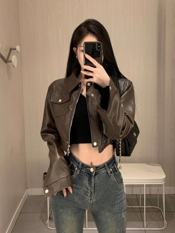 American Retro Sweet Cool Hot Girl Style Coffee Color Leather Coat Motorcycle Jacket Top - Image 10