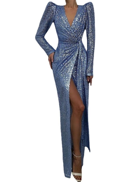 Sequined Slit Tail Banquet Dress Evening Gown - Image 4