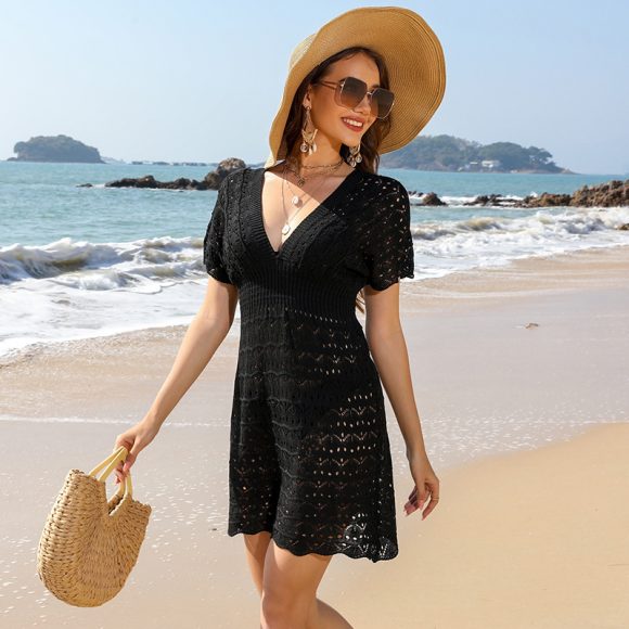 Deep V-neck Beach Dress Wave Pattern Hollow Out - Image 2