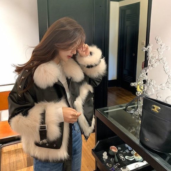 Sense Fox Fur Stitching Leather Coat - Image 9