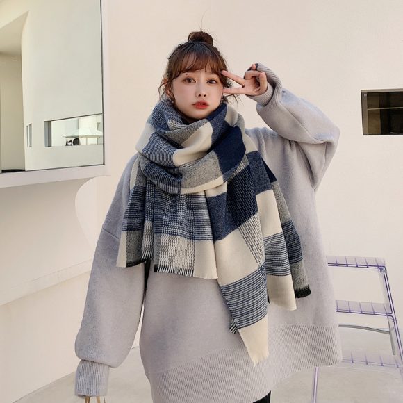 Women's Japanese-style White And Blue Plaid Scarf - Image 2