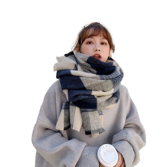 Women's Japanese-style White And Blue Plaid Scarf - Image 5