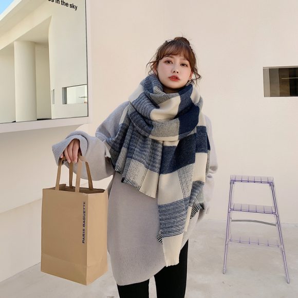 Women's Japanese-style White And Blue Plaid Scarf - Image 6