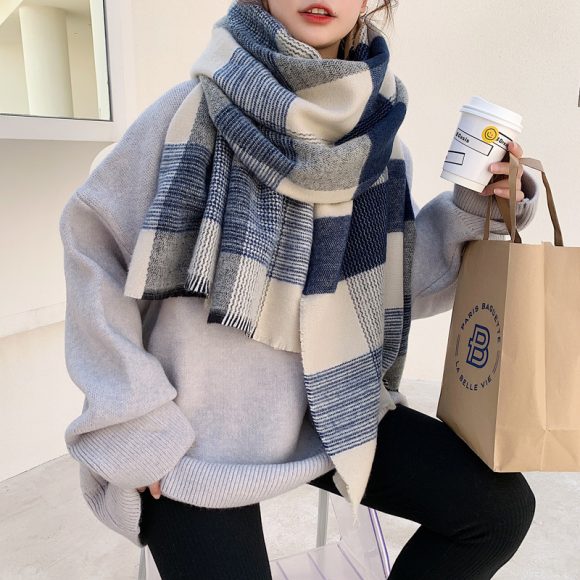 Women's Japanese-style White And Blue Plaid Scarf - Image 3