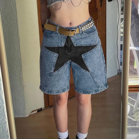 Design Contrast Color Five-pointed Star Patchwork Jeans Female - Image 6