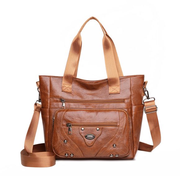 Large Capacity Soft Leather Washed Leisure Commute Shoulder Bag - Image 6