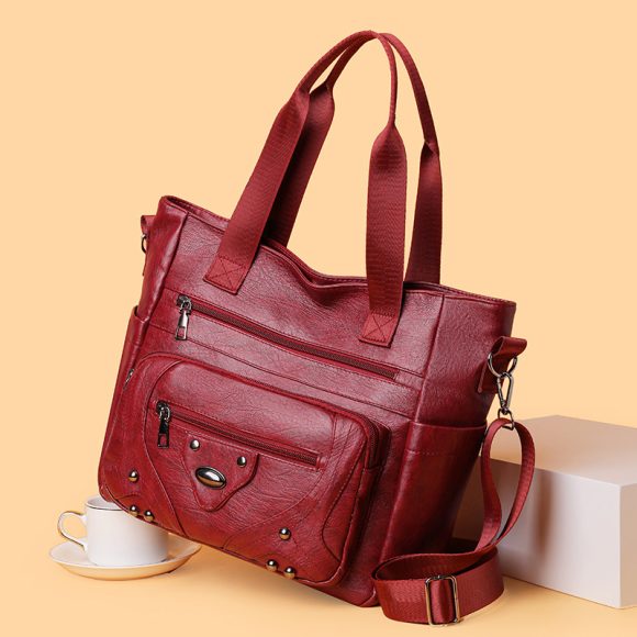 Large Capacity Soft Leather Washed Leisure Commute Shoulder Bag - Image 4