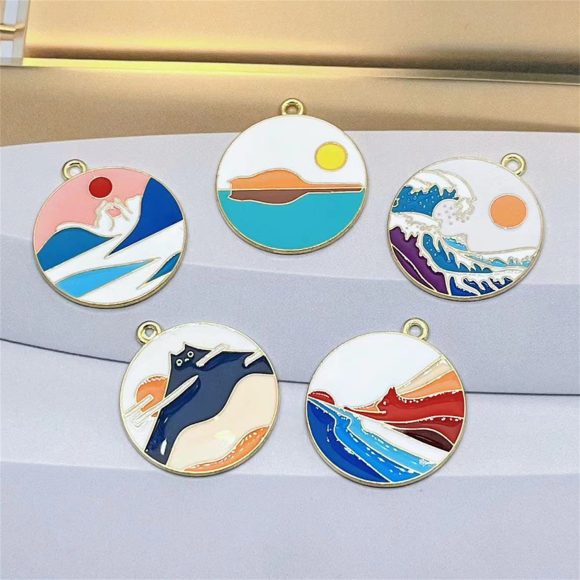 Cartoon Cat Landscape Painting Alloy Drop Oil Pendant - Image 4