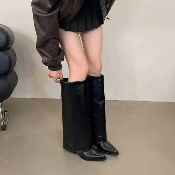 Autumn And Winter New Pointed Toe Chunky Heel Pantyhose Boots - Image 7