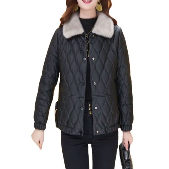 Non-split Leather Disposable Down Cotton-padded Coat For Women Short Leather Jacket - Image 3