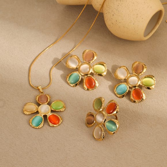 Colorful Opal Hammered Flower Earrings Suit - Image 6