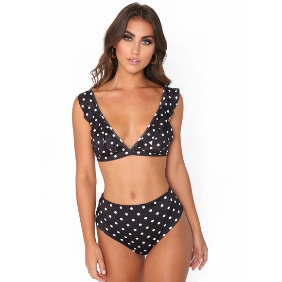 2pcs Black And White Polka Dot Print Swimsuit Sexy Ruffled Deep V-neck Bikini Set Summer Beach Womens Clothing - Image 6