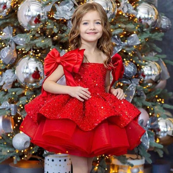 Girl's Princess Dress Red Tulle Tutu Skirt Sequined Bow - Image 2