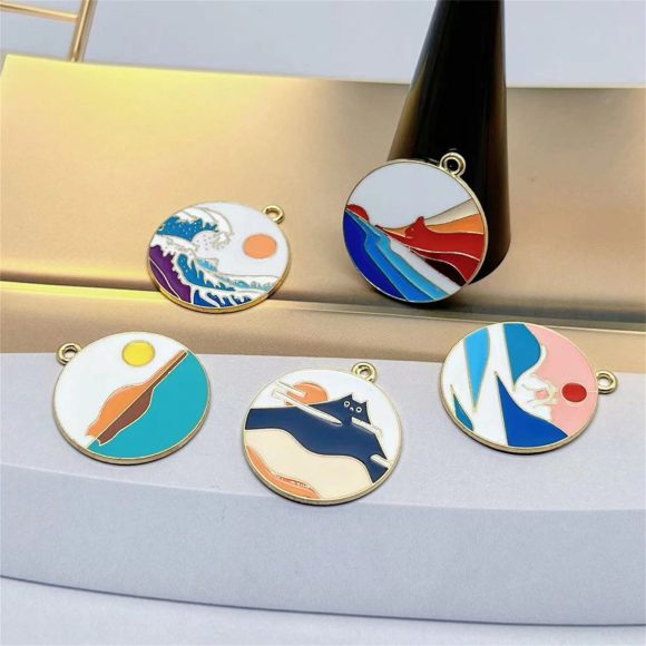 Cartoon Cat Landscape Painting Alloy Drop Oil Pendant