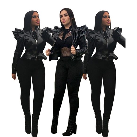 Leather Casual Women's Ruffled Leather Jacket - Image 3