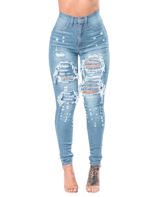 Women's Ripped Denim Washed Denim Pants - Image 2