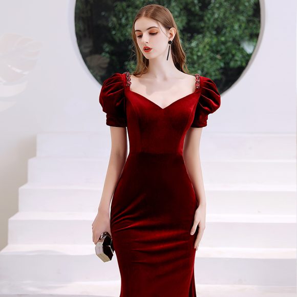 Wine Red Fishtail Evening Dress Woman - Image 4