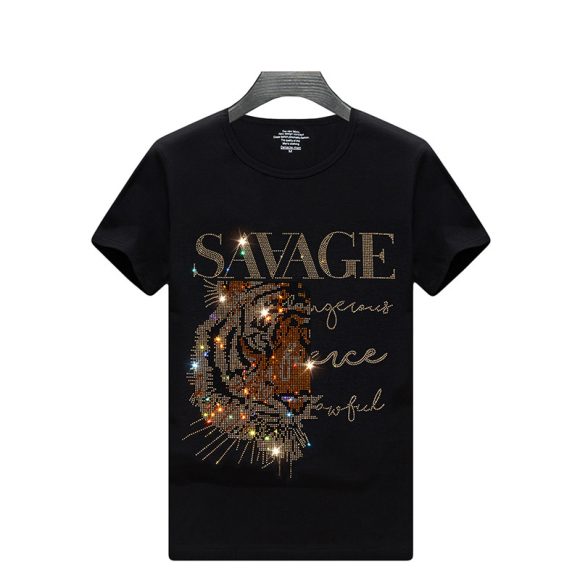 European Goods Round Neck Rhinestone Hot Fixed Short Sleeve T-shirt - Image 4
