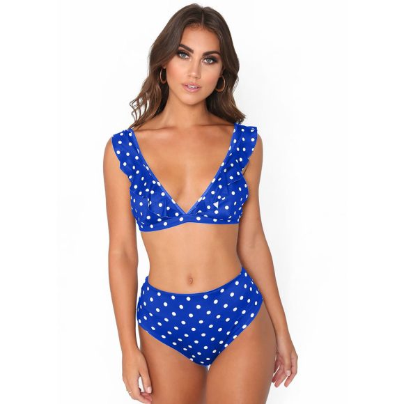 2pcs Black And White Polka Dot Print Swimsuit Sexy Ruffled Deep V-neck Bikini Set Summer Beach Womens Clothing - Image 2