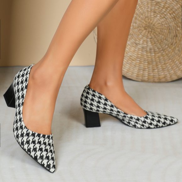 Houndstooth High Heels Women Low-cut Chunky Heel Shoes - Image 4