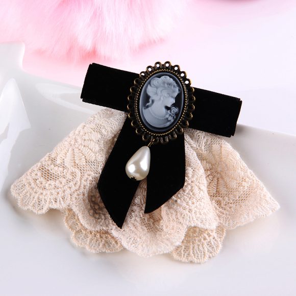 Vintage Handmade Lace Pearl Velvet Sweater Pin Coat Bow Brooch - Image 5