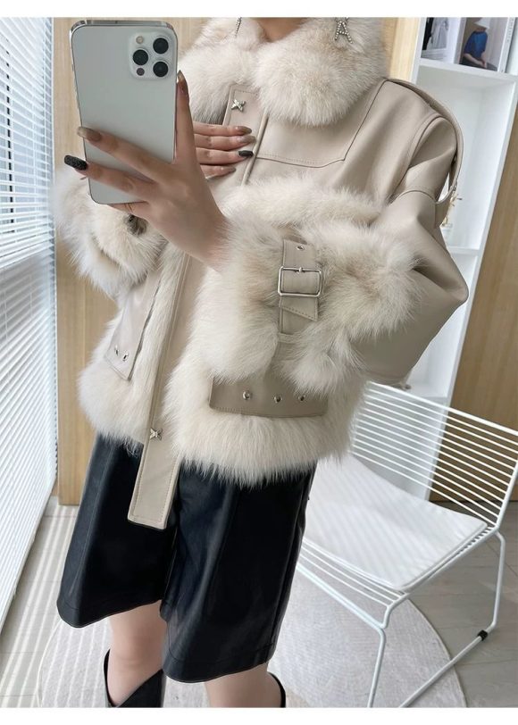 Sense Fox Fur Stitching Leather Coat - Image 6