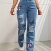 High Waisted Straight Leg Jeans For Women Trendy Butterfly Print Ripped Distressed Denim Pants - Image 5