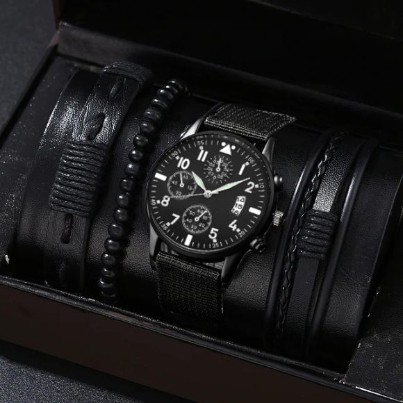 Single Calendar Fake Three Eye Canvas Quartz Watch Bracelet Set - Image 5