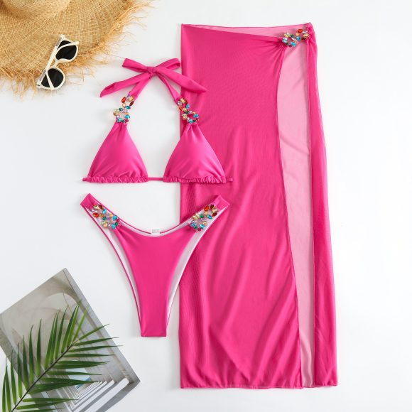Light Diamond Solid Color Long Skirt Mesh Three Piece Swimsuit Bikini - Image 6