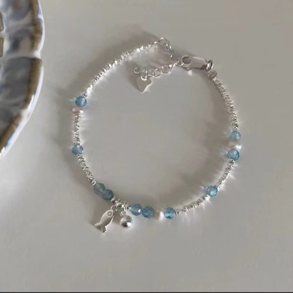 Summer Blue Beaded Silver Fish Bracelet - Image 2