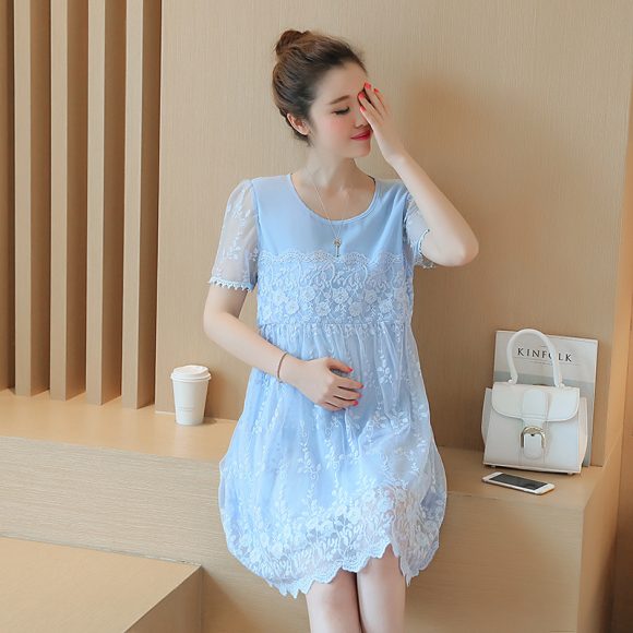 Summer new maternity dress Korean shirt lace crochet flower maternity dress long pregnant women dress - Image 3