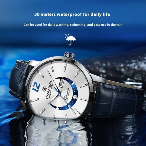 Master Moon Phase Luminous Waterproof Wrist Watch Men's Fashion Genuine Leather Strap Quartz Watch - Image 8