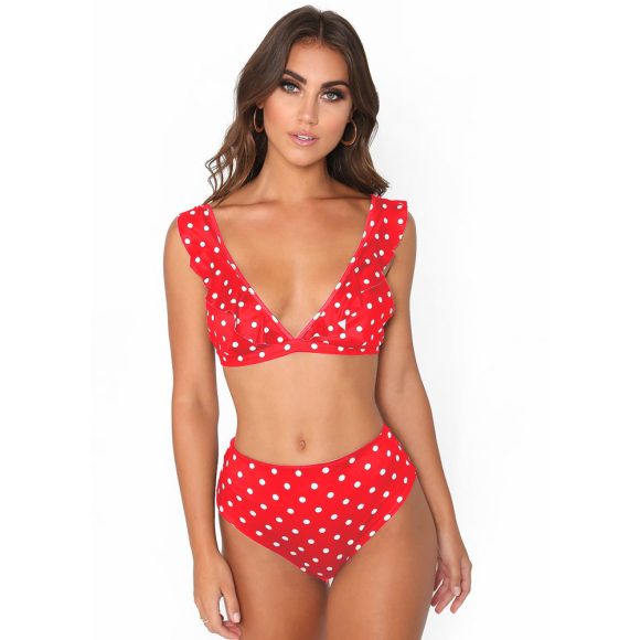 2pcs Black And White Polka Dot Print Swimsuit Sexy Ruffled Deep V-neck Bikini Set Summer Beach Womens Clothing - Image 5