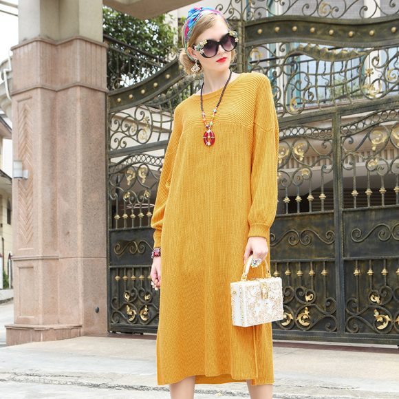 Winter warm solid color knit sweater dress long sleeve large size fat sister dress maternity dress - Image 2