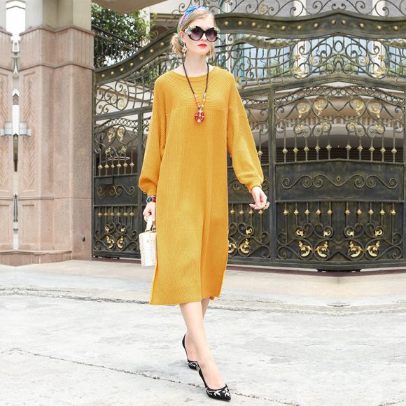 Winter warm solid color knit sweater dress long sleeve large size fat sister dress maternity dress - Image 4