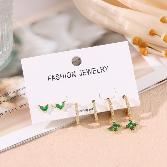 Green Inlaid Zircon Fashion Women's Earrings Three-piece Set - Image 2