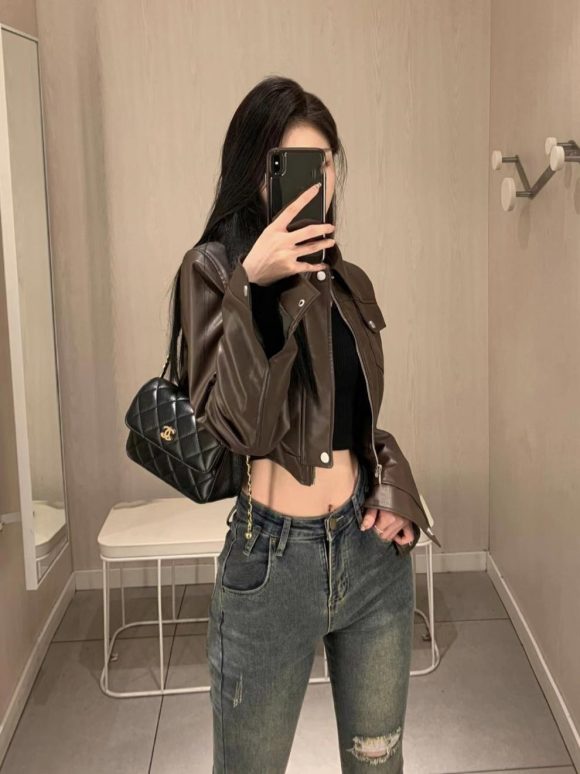 American Retro Sweet Cool Hot Girl Style Coffee Color Leather Coat Motorcycle Jacket Top - Image 4
