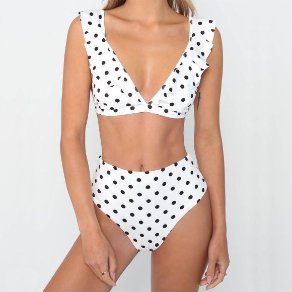2pcs Black And White Polka Dot Print Swimsuit Sexy Ruffled Deep V-neck Bikini Set Summer Beach Womens Clothing - Image 3