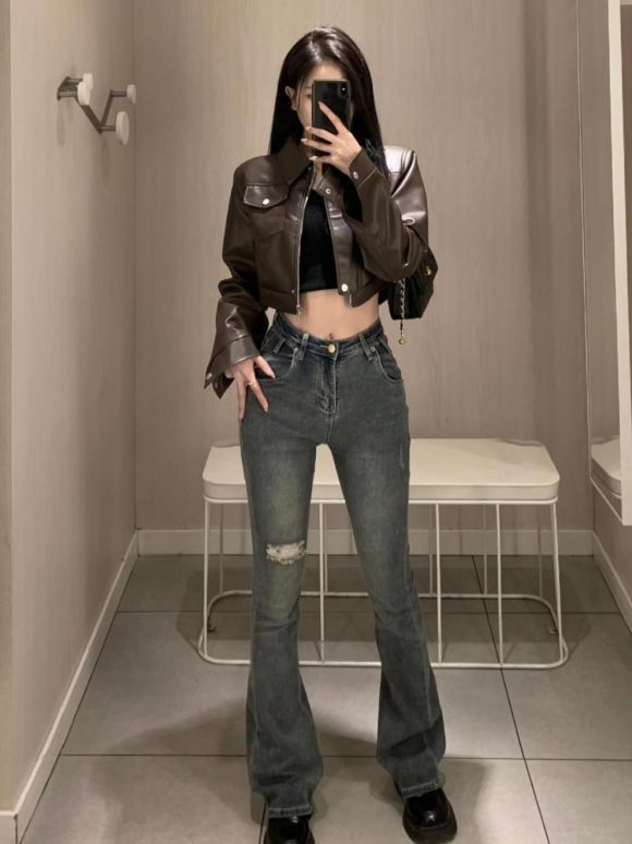 American Retro Sweet Cool Hot Girl Style Coffee Color Leather Coat Motorcycle Jacket Top - Image 7